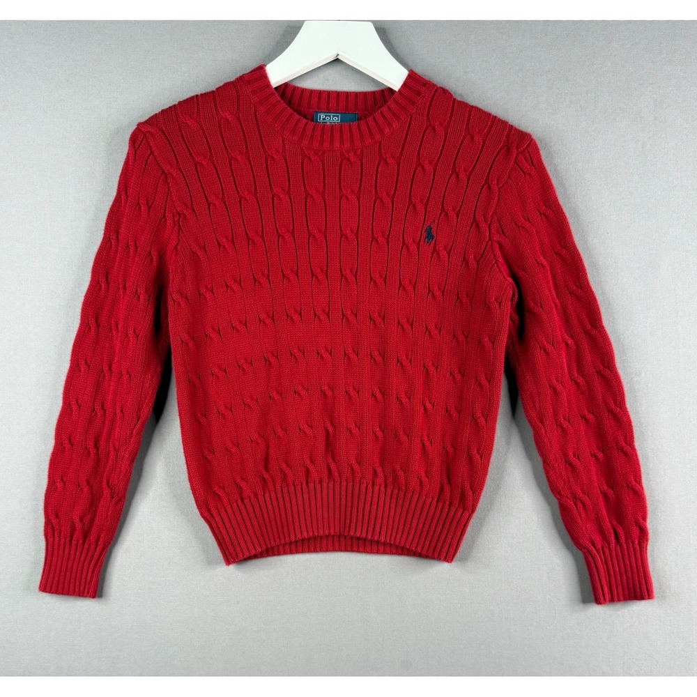 Polo Ralph Lauren Cable Knit Sweater Boys Size S Red Long Sleeve Pony Logo